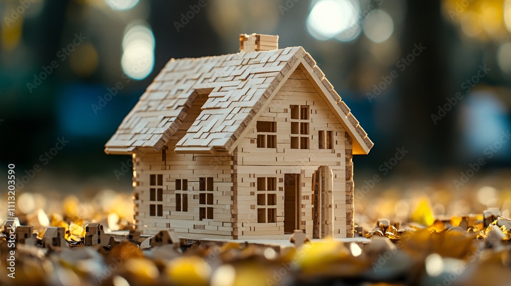 Small wooden house model standing on fallen autumn leaves symbolizing investment and mortgage Small wooden house model standing on fallen autumn leaves symbolizing investment and mortgage