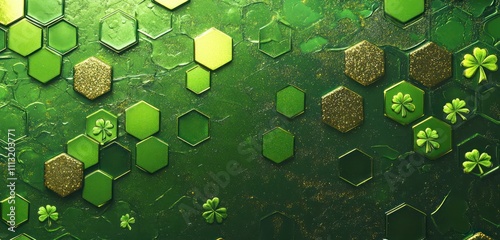 Bright shamrock green with hexagons in metallic gold glitter, small shamrocks, and a light texture for St. Patrick's.