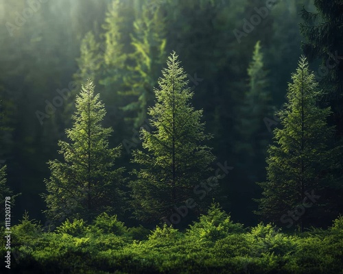 Forest exploration majestic pine trees in lush green wilderness nature photography serene environment close-up perspective