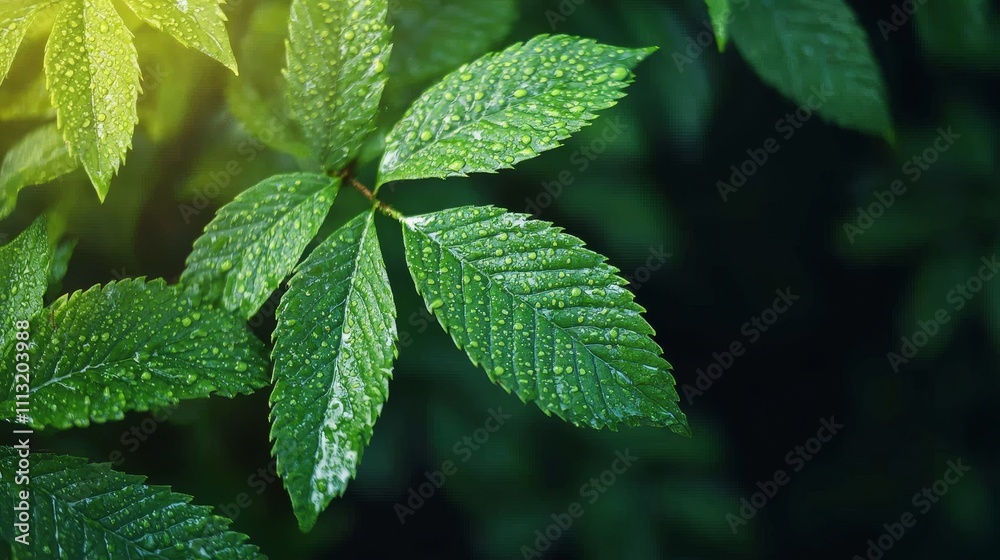 Vibrant green leaves with raindrops nature scene close-up photography lush environment natural light serenity and freshness Vibrant green leaves with raindrops nature scene close-up photography lush environment natural light serenity and freshness
