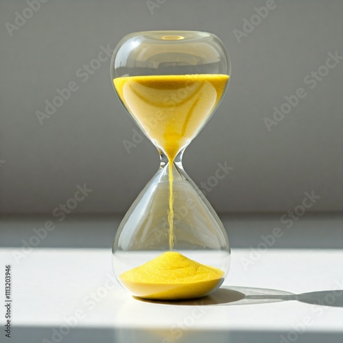 A yellow hourglass on a white table.