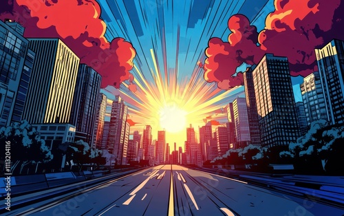 comic book style cartoon illustration of cityscape with sun and clouds in the sky