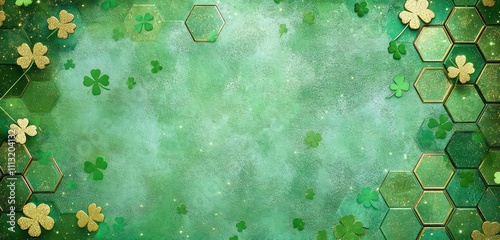 Bright shamrock green with hexagons in metallic gold glitter, small shamrocks, and a light texture for St. Patrick's.