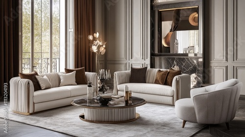 Elegant living room featuring plush sofas, decorative table, and stylish lighting.