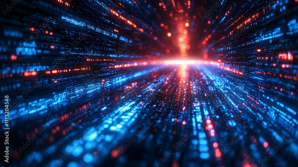 Fototapeta premium Abstract digital landscape depicting light trails and data streams in vibrant colors.