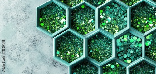 Bright teal hexagons filled with green glitter and grunge on a soft gray backdrop, ideal for St. Patricka??s invites.