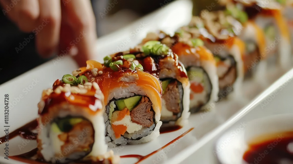 Chef preparing sushi rolls on a white plate. A hand is gently placing a sushi roll on a tray of several sushi rolls. The rolls are topped with a glaze, sesame seeds, and green onions. Chef preparing sushi rolls on a white plate. A hand is gently placing a sushi roll on a tray of several sushi rolls. The rolls are topped with a glaze, sesame seeds, and green onions.
