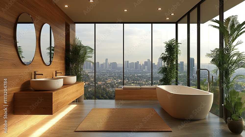 Fototapeta premium Modern Luxurious Bathroom With City Skyline View