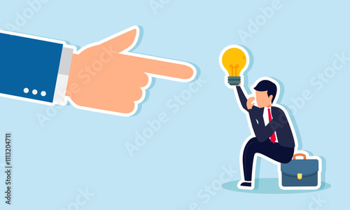 A businessman sitting on a briefcase feeling sad while handing over a lamp to a hand, illustration of reluctantly sharing business ideas and innovations with others
