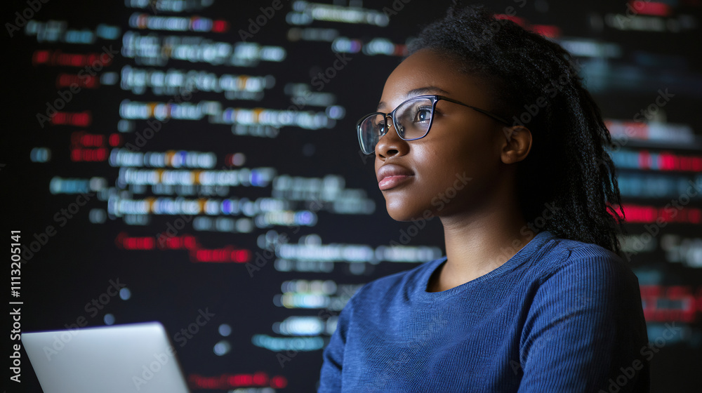 Naklejka premium Focused female programmer with glasses working on a laptop in front of a screen displaying colorful code. Technology and software development concept