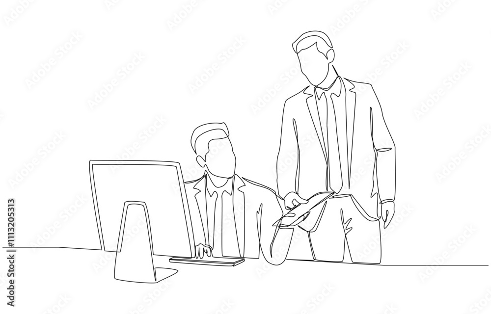 Continuous one line drawing of boss giving additional work to employee, assignment of work from supervisor concept, single line art Continuous one line drawing of boss giving additional work to employee, assignment of work from supervisor concept, single line art
