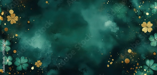 Dark green watercolor background with subtle gold accents, vibrant clover patterns, and bokeh highlights for party invites.