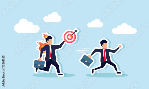 A businessman running to avoid a chasing businessman on fire carrying a target board, illustration of being pursued by business targets set by company leaders