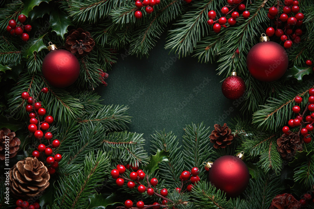 Christmas wreath with red balls and pine branches against a white door with a festive ribbon and twinkling lights. Christmas wreath with red balls and pine branches against a white door with a festive ribbon and twinkling lights.