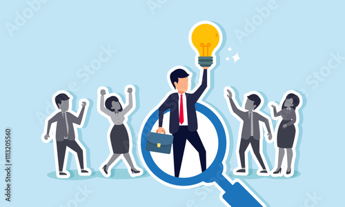 A businessman holding a lit lamp under a magnifying glass spotlight while grayscale businessmen celebrate, illustration of celebrating business success in idea and innovation