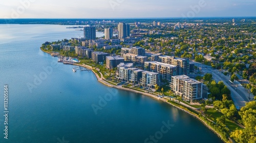A dynamic aerial perspective of a coastal city undergoing waterfront redevelopment with new residential and commercial buildings, Waterfront redevelopment scene, Coastal urbanization style