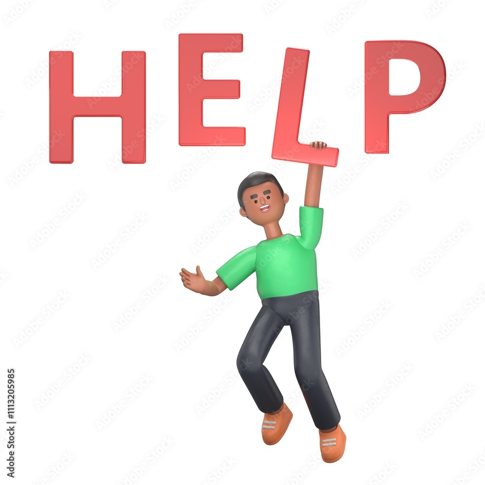 3D illustration of handsome afro man David with a word -HELP .Mockup 3d character illustration.3D rendering on white background. 3D illustration of handsome afro man David with a word -HELP .Mockup 3d character illustration.3D rendering on white background.