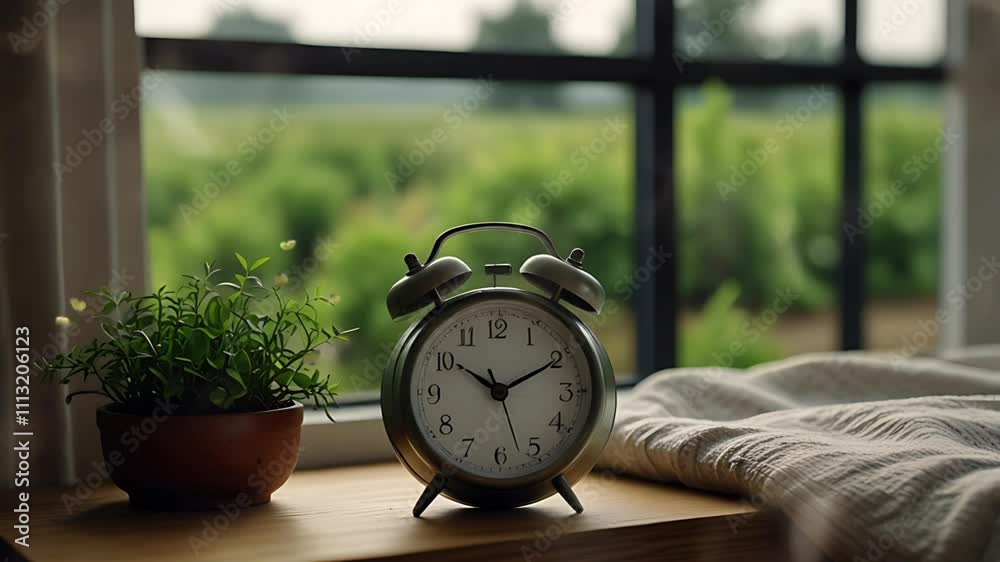 An alarm clock is next to the pot behind the window. Seamless 4K looping timelapse video animation background