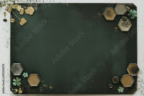 Dark olive green card with hexagon clusters in gold and silver, faint grunge, and shamrock accents for an earthy look.