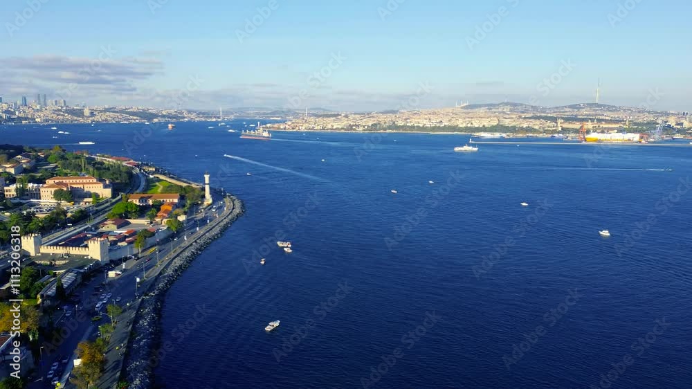 Aerial view of Blue Mosque, Hagia Sophia, Golden Horn and the Bosphorus, Istanbul, Turkey