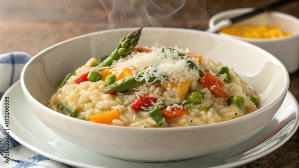 A rich bowl of creamy risotto infused with seasonal vegetables and topped with grated parmesan cheese served elegantly. A rich bowl of creamy risotto infused with seasonal vegetables and topped with grated parmesan cheese served elegantly.