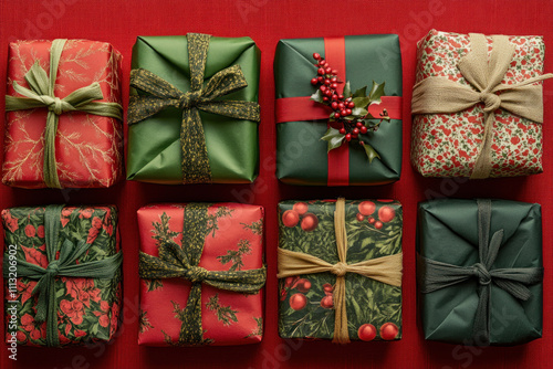 Christmas presents on red background.