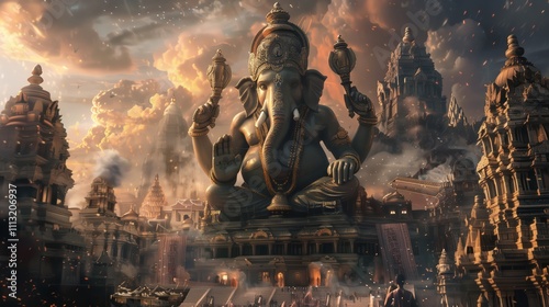 Ganesha, the Remover of Obstacles: A majestic, digital art depiction of Lord Ganesha, the elephant-headed deity of Hinduism, presiding over a bustling city filled with temples and devotees. photo