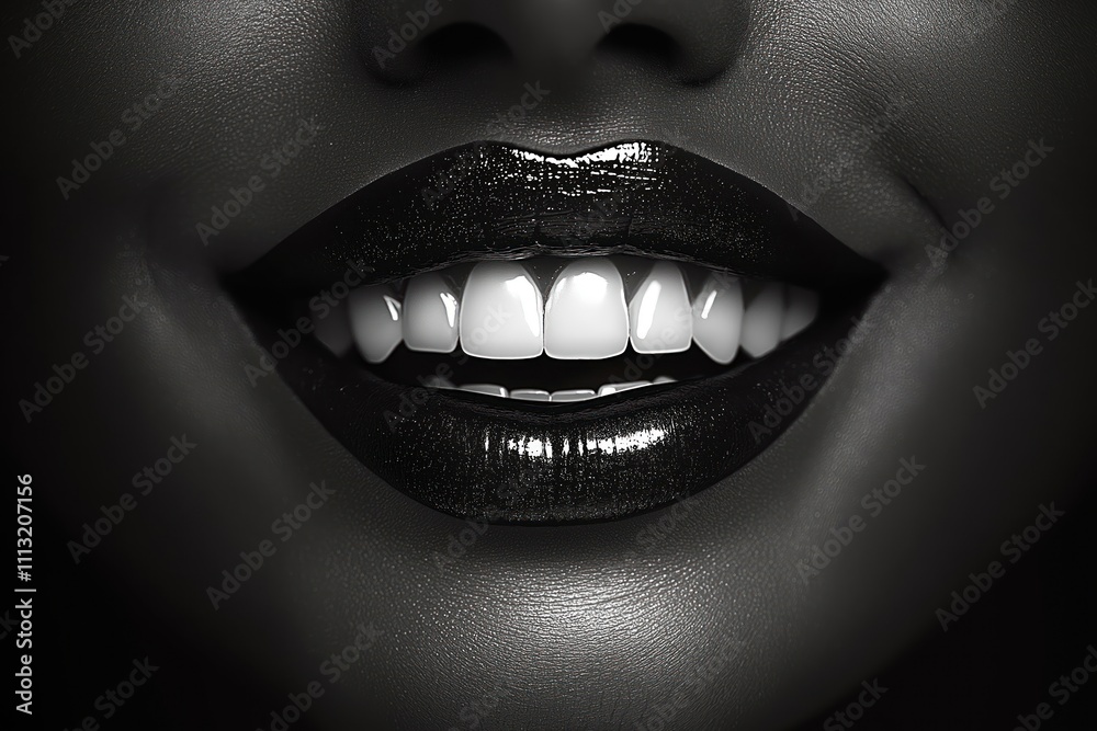 Obraz premium Radiant smile on woman with dramatic black lipstick. Monochrome beauty portrait. Stylish, edgy makeup concept. Perfect for design, poster banner. Female beauty, elegance. Stylish image for fashion,