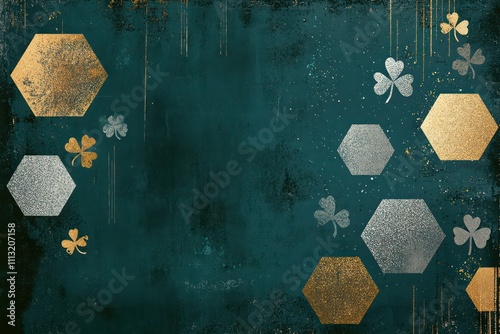 Dark teal green with hexagons in gold and silver glitter, grunge detailing, and subtle shamrock motifs for a card.
