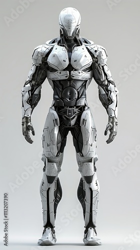 Cybernetic Sentinel: A powerful, imposing cyborg stands poised and ready, his sleek, white and gray armor reflecting the light. This image is perfect for sci-fi, gaming, or futuristic concepts.
