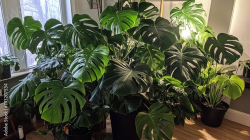 Lush monstera plant collection in a room with sunlight. photo