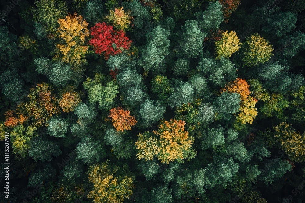 Obraz premium Aerial view of autumn forest with colorful trees.