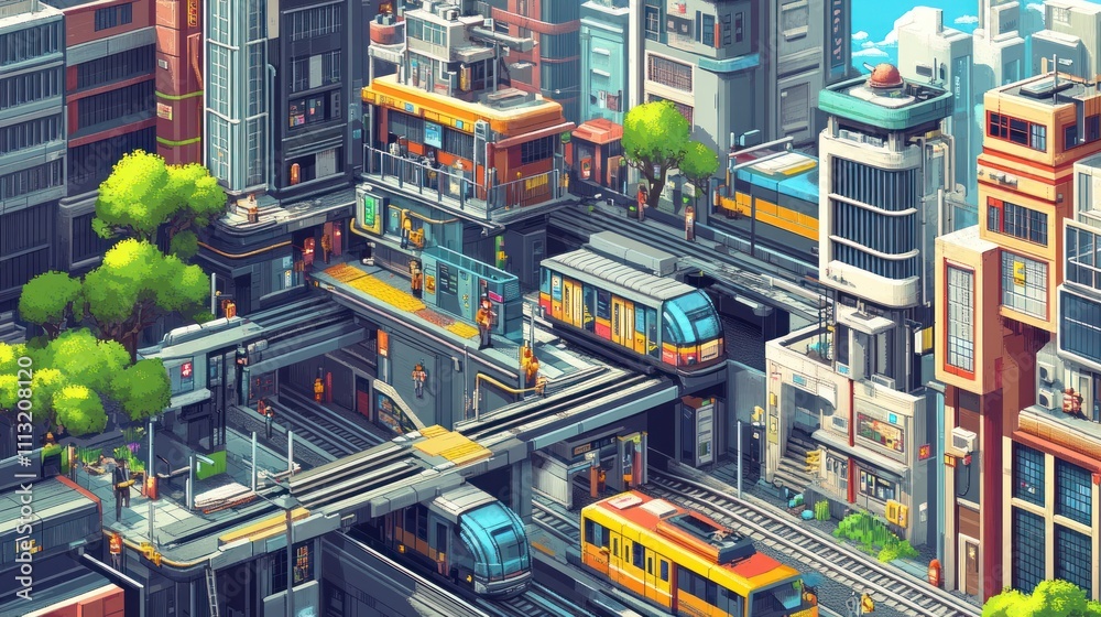 Fototapeta premium Futuristic Cityscape: Elevated Trains and Urban Complexity