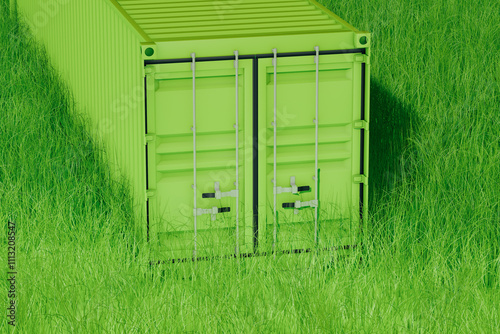 Green container surrounded by lush grass in a sustainable environment