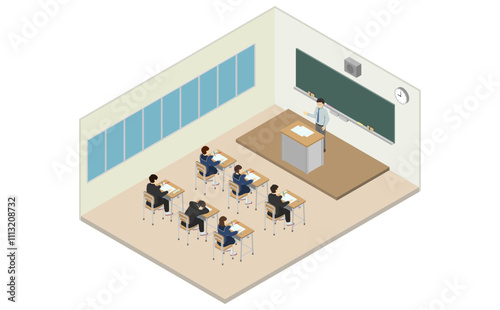 アイソメトリックイラスト：学校の教室(先生と生徒)