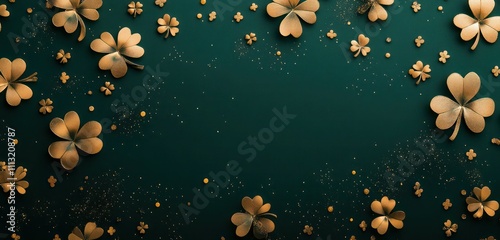Deep green template with shiny gold clovers and subtle glitter for a St. Patricka??s Day celebration card design.