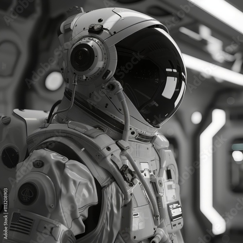 Astronaut in Spacecraft: Close-up of an astronaut's helmet and spacesuit inside a futuristic spacecraft.  A monochromatic image evoking a sense of exploration and wonder. photo