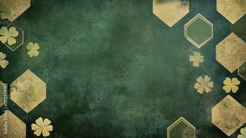 Deep green card with hexagons in olive and champagne glitter, soft grunge, and golden clovers.
