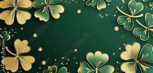 Deep green template with shiny gold clovers and subtle glitter for a St. Patricka??s Day celebration card design.