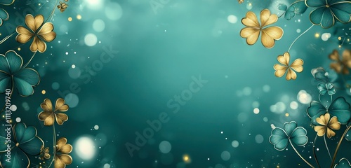 Deep teal green background with rich golden clover designs and soft white bokeh, ideal for St. Patricka??s Day greetings.