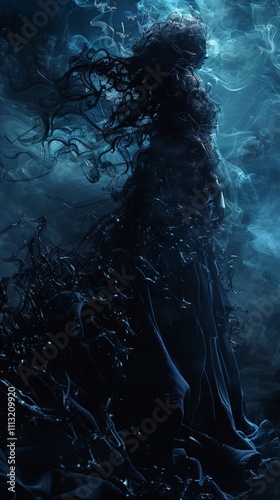 Shadow Witch in the Storm: A haunting and ethereal figure emerges from the shadows, her form obscured by swirling mists and tendrils of darkness. The silhouette of a woman in a flowing gown. photo