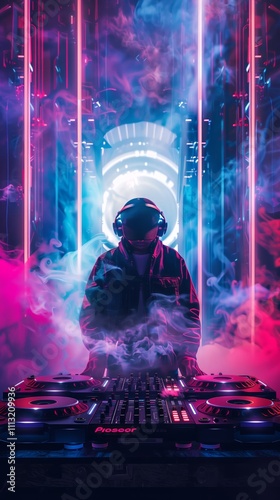 Neon DJ: A futuristic DJ with headphones and a glowing halo surrounded by smoke and neon lights, mixing music on a state-of-the-art DJ setup.