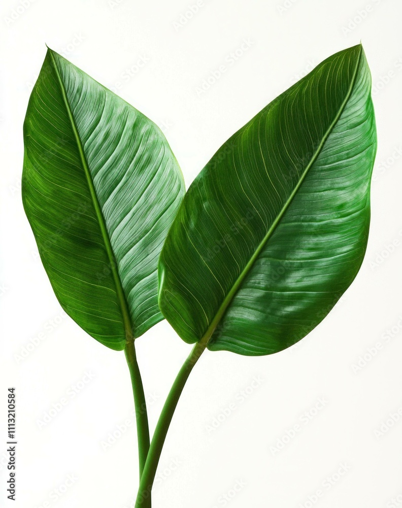 Obraz premium Two large green leaves against a light background, showcasing their intricate veins and vibrant color. Natural beauty and botanical elegance concept.