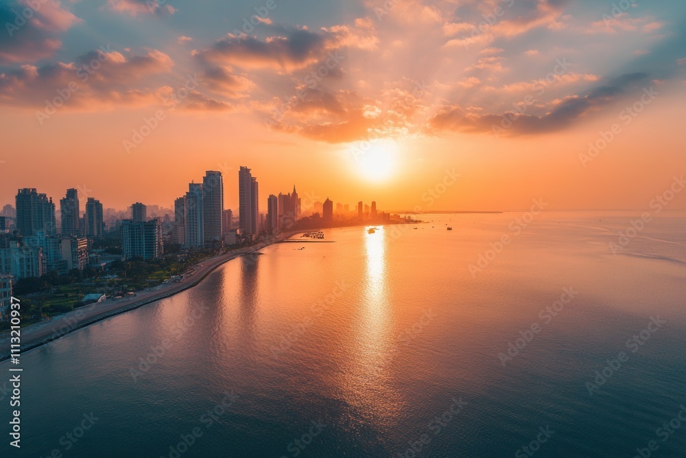 Obraz premium Aerial view of cityscape at sunset, reflecting on calm ocean waters.
