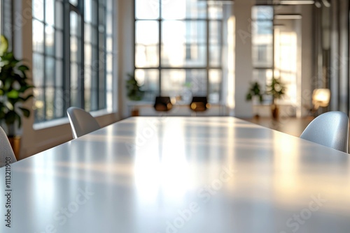 empty white wooden table with blurred business office behind backgroud.