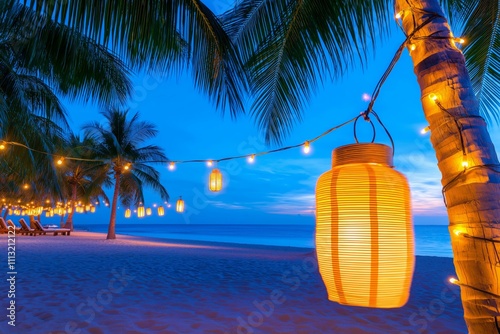 Tropical Beach at Dusk with Illuminated Lanterns and Palm Trees in Paradise Setting