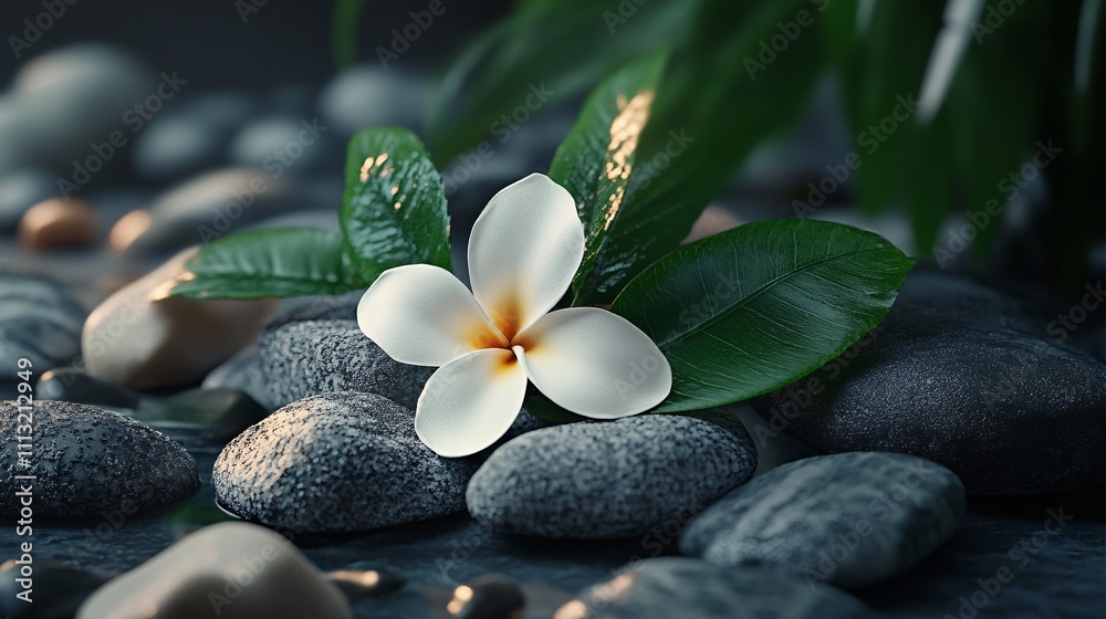 Fototapeta premium White plumeria flower resting on wet stones with green leaves in spa setting