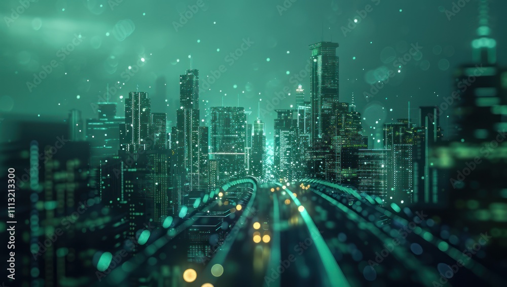 Obraz premium Cyberpunk Cityscape with Glowing Tracks