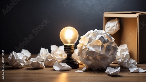 concepts of dea and creativity with a paper crumpled ball and lamp.Bedink die boks.oplossing vir sakeondernemings. photo