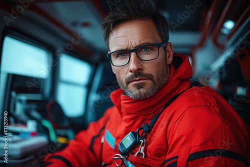 Serious paramedic in red uniform sits inside ambulance. Focused pro medical staff member ready for emergency. Dedicated emergency medical services worker. Professionalism, responsiveness. Excellent photo